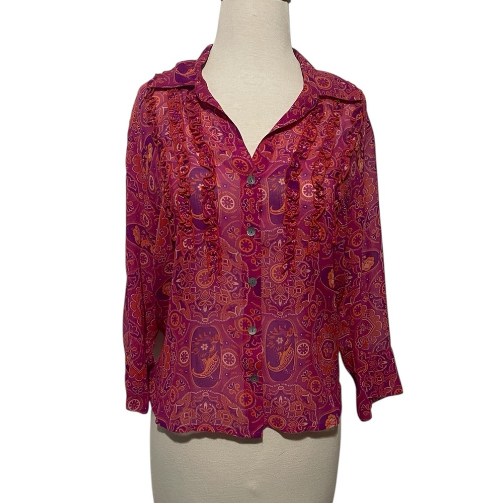 Johnny Was Silk Pink Paisley Boho Sheer Blouse